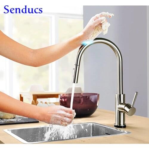 Brushed Kitchen Faucet Senducs Single Handle Pull Out Kitchen Sink Faucet Smart Touch Sensor Kitchen Faucets Hot Cold Water Taps
