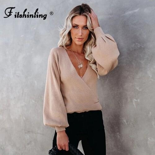 Fitshinling Lantern Sleeve Wrap Sweater Women Pullover Knitwear Boho Vintage Solid Slim Sexy Jumper Winter Top Pull Femme New