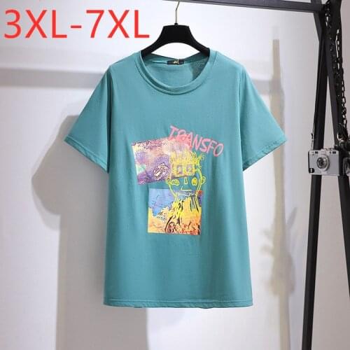 New 2021 Ladies Summer Plus Size Tops For Women Large Short Sleeve Loose Blue Cotton Print O-neck T-shirt 3XL 4XL 5XL 6XL 7XL