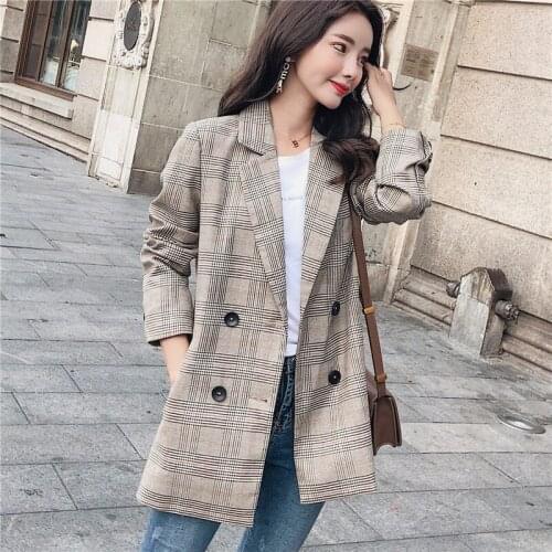 Office Lady Blazers Loose Double-breasted Plaid Suit Business female blazer Coat Fashion Autumn Women Blazers and Jackets Work