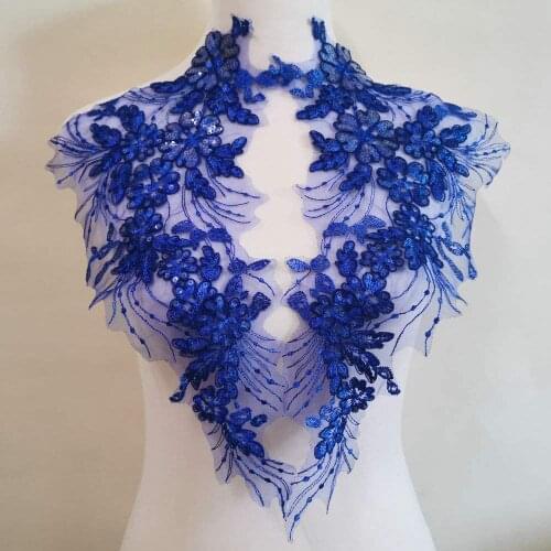 1Pair 42X23cm Delicate Wedding Sequins Head Ornaments Body Lace Applique Ivory Dress DIY Lace Trim Dress DIY Lace