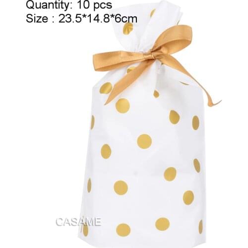 10pcs/lot Gold Polka Dot White Plastic Drawstring Bag Ribbon Candy Bag Birthday Party Wedding Decor Decorations Supplies