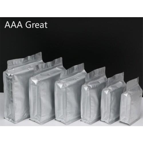 100Pcs/Lot Solid Color Zipper Pouch Pure Aluminum Foil Coffee Bag Eight Sides Sealed Packet Food Packaging Bags Silver Stand Up