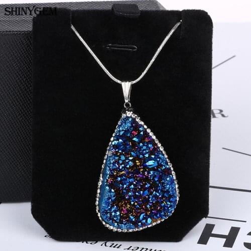 ShinyGem Irregular Big Natural Mineral Crystal Druzy Inlay Zircon Pendant Brazil Geode Stone Necklaces For Women Wedding Gift