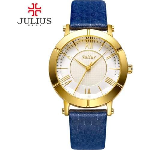 JULIUS Blue Watch Women Genuine Leather Strap Rose Gold Plated Watch Top Brand Women Luxury Leather Quartz Military Reloj JA-789