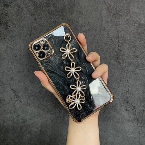 12 Pro Case Luxury Marble Sun Flower Floral Pearl Bracelet Gold Plated Cover for iPhone 11 Pro 7 8 Plus XS Max XR X 12 SE 2020