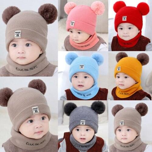 Baby Hat + Scarf Ring Winter Warm Kids Girl Boy Adorable Pompom Ball Knitted Crochet Beanie Hat Baby Cap for 0-12M 6 Colors