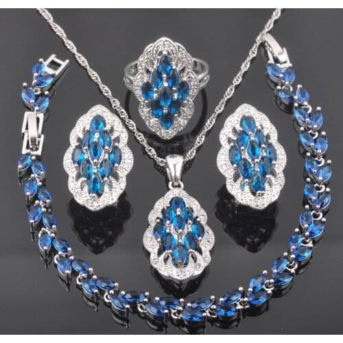 Amazing Blue Zirconia Silver Color Women Wedding Crystal Jewelry Sets Bracelet Necklace Pendant Earrings Ring QS0505