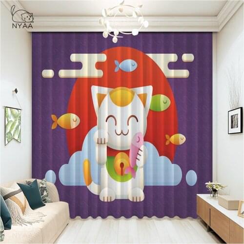 Nordic Short Curtain Cartoon Cat Living Room Curtain Red European And American Style Curtains For Living Room Micro Shading