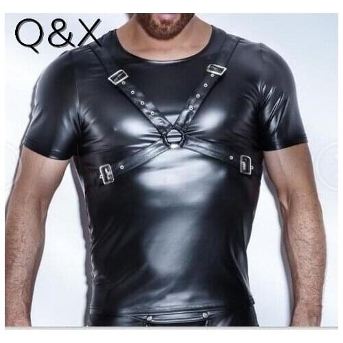 Summer S-2XL 2018 Fashion Black Faux Leather Men Sexy Lingerie Fitness Tops Tees Short Sleeves T Shirts With Corset Belt