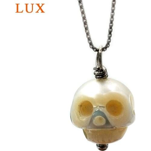 LUX 10mm 925 silver white hand Carved pendant Natural Freshwater Pearl Skulls Beads Gem Pearls Skull Stone Charm AAA necklace
