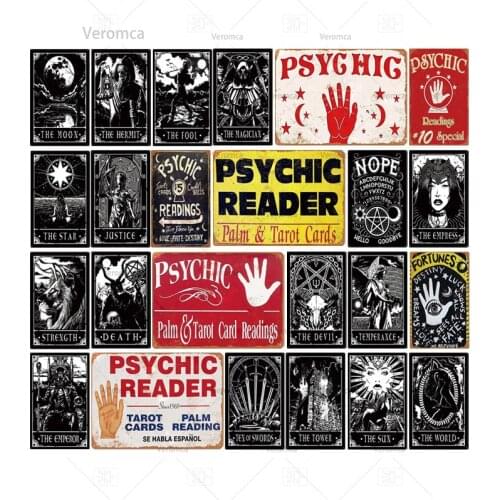 Tarot Metal Poster Vintage Plaque Psychic Witchery Metal Tin Sign Wall Art Decor Iron Painting for Divination Shop