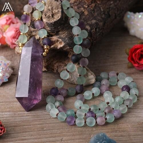 Natural Amethysts Quartz Double Point Pendant 8mm Frost Matted Rainbow Fluorite Round Beads Knot Handmade Necklace Women Jewelry