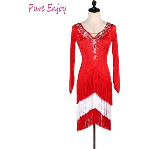 New Latin Tassel Dance Dress girls women red Long sleeves latin dance costumes for women diamond latin dresses