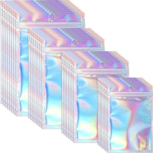 200 Pieces 4 Sizes Aluminum Foil Food Storage Bags Resealable Cosmetic Bag One Side Clear Holographic Foil Ziplock Bags