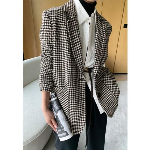 Houndstooth Woolen Blazer Custom Made Retro Houndstooth Small Suit Jacket Spring Female Temperament Korean Thick Woolen Cloth