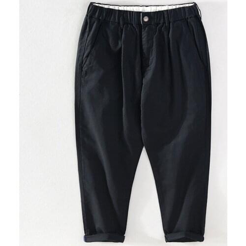 H003 Linen Cotton Harem Pants Men Summer Breathable Loose Simple Casual Elastic Waist Button Solid Color Khaki Sport Trousers