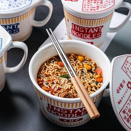 Creative instant noodle ceramic Cup bowl with cover bento box Student lunch box instant noodle Bowl soup Bowl set Cup with lid