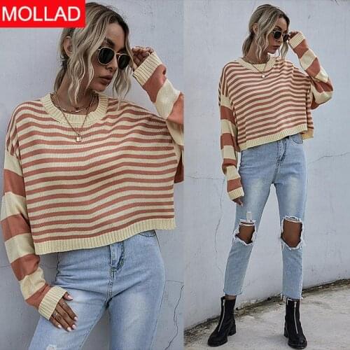 2021 Spring Striped Loose Knitted Short Womens Sweaters O-Neck Female Casual Pullover Striped Sweater Girls Knitted Tops