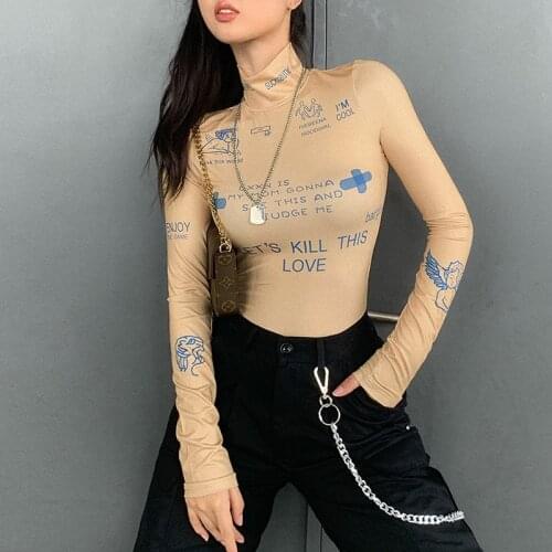 Long Sleeve Turtleneck Sexy Bodysuits Vintage Tops Women Autumn Winter Bodycon Club Sexy Bodysuit Jumpsuit Letter Print Body Top