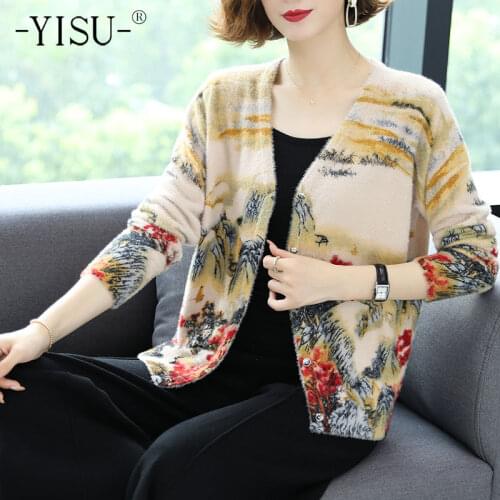 YISU Knitted Cardigans Landscape painting pattern printed Cardigan Coat Autumn Winter Sweaters Loose Warm womens cardigans 2020