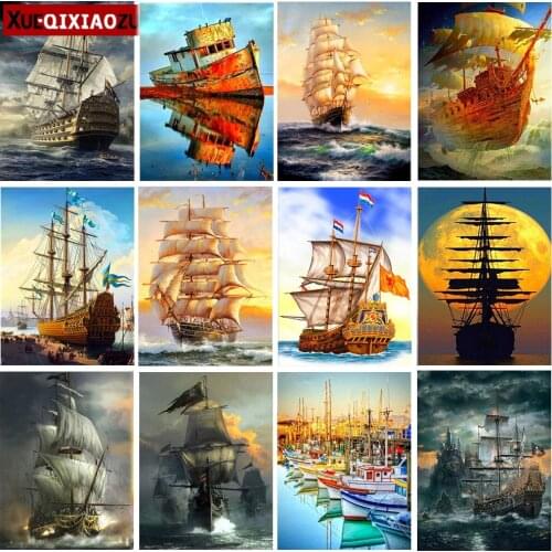 XUEQIXIAOZU 5D Diy Diamond Mosaic Sailboat Painting Full-width/Round Cross-Stitch Diamond Embroidery Kit Set Decoration Gift