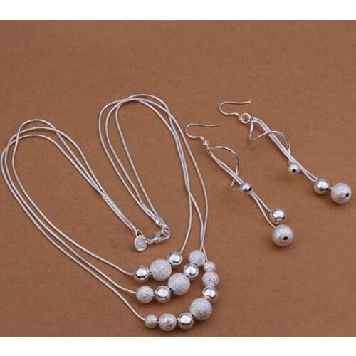 Wholesale jewelry silver plated Jewelry Set,silver plated Fashion Jewelry,Sand Light Bead Necklace+Earring Two Piece Set SMTS423