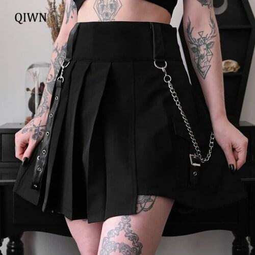 Punk Goth Black Pleated Skirt Harajuku Patchwork Bandage Big Pocket Mini Skirt 2000s Streetwear Gothic Hight Waist Skits