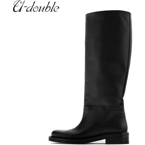 U-Double Women Knee High Boots Real Leather Warm High Quality Boots INS Thick High Heels Motorcycle Boots Big Size 42 Woman Boot