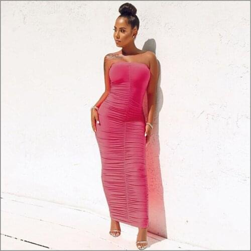 Women Elegant Evening Pleated Maxi Dress Boho Strapless Long Dresses Summer Sleeveless Slim Robes Dress 2020 Prom Gown Vestidos