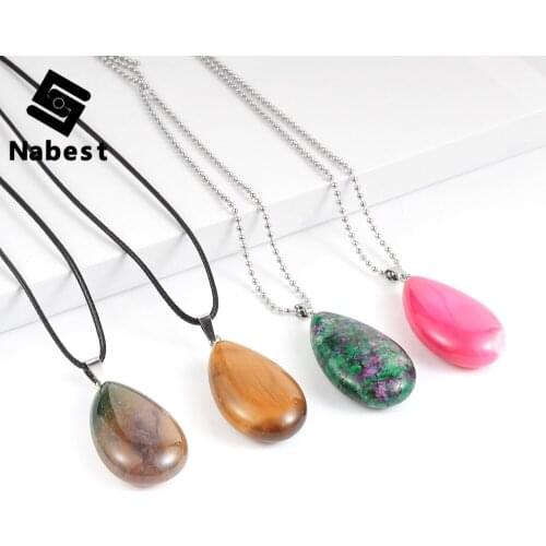 Women Men Natural Stone Water Drop Pendant Necklace Onyx Quartz Tiger Eye Lapis Lazuli Alloy Waxed Rope Clavicle Chain Jewelry