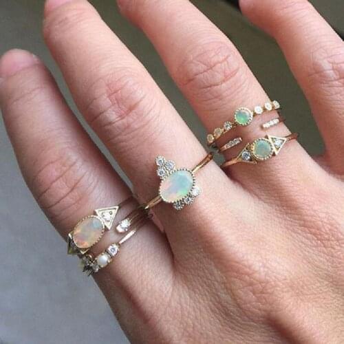2021 High Quality Bohemia Style Fashion White Oval Fire Opal Finger Rings With Pave Small Cz Gold Color Ring Women Charm Jewelry
