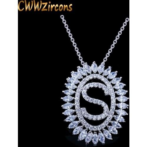 CWWZircons New Fashion Korean Ladies Brand Jewelry Silver Color Big Round Drop Crystal Stone Initial Pendant Necklace CP062
