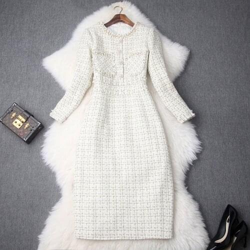 Winter Dress Woman New Ladies Beading Round Neck Long Sleeved High Waist Split Slim Tweed Dress Elegant S-XL Office Dress Midi