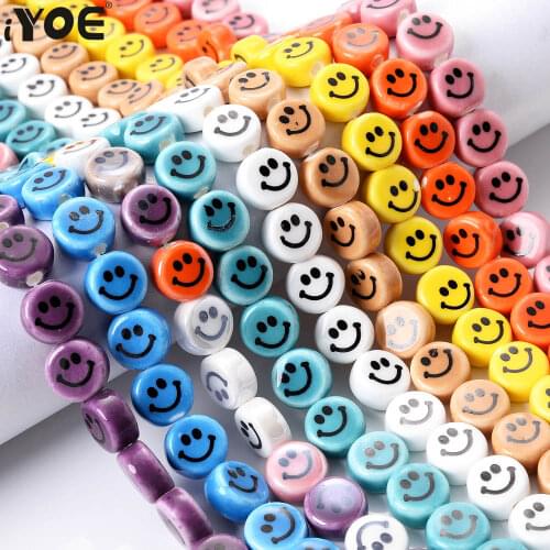 10pcs/Lot 10mm Multicolor Flat Round Ceramic Beads Smiley Face Beads Loose Spacer Beads For Jewelry Making Bracelet Necklace