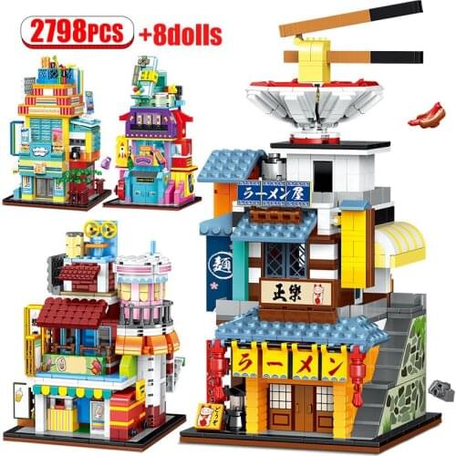4 in 1 Mini City Street View Convenience Shop Store Building Blocks Friends DIY Ramen House Figures Bricks Toys For Kids Gifts