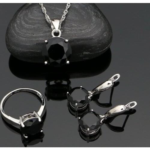925 Silver Punk Jewelry Set Black Cubic Zirconia Stone Earrings Ring Pendant Chain for Woman Party Jewelry