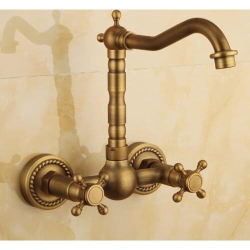 Antique Brass Wall Mounted Basin Faucets Bath Faucets Double Handle Dual Hole Bathroom Sink Washbasin Water Mixer Tap ZD527