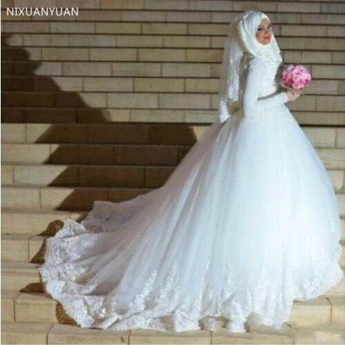 Arabic Turkish Islamic Muslim Wedding Dresses with Veil Gelinlik 20120 Long Sleeve Lace Ball Gown Princess Wedding Dress