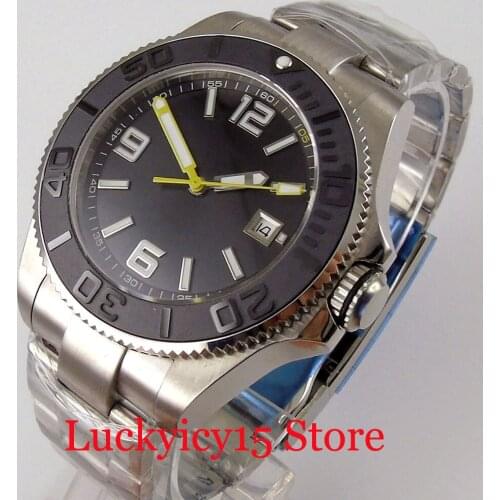 BLIGER 43mm Brushed MIYOTA 8215 Movement Mechanical Men Watch Brushed Insert Date Screw Crown Deployment Clasp Sapphire Crystal