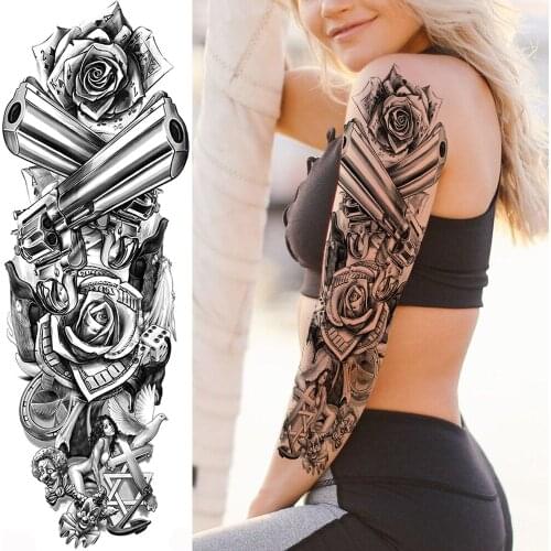 Sexy Women Guns Rose Flower Temporary Tattoos For Men Adult Body Art Full Arm Sleeve Tatoo Water Transfer Fake Tattoo Stickers