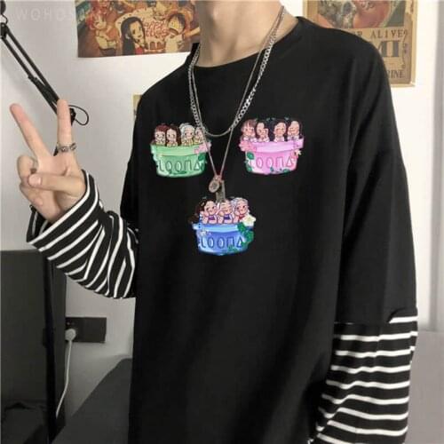 LOONA Kawaii Cartoon Summer O-neck T-shirt Long Sleeve Korean Fashion Women/men Tops Kpop Hip Hop Harajuku Fake Two Women Tshirt