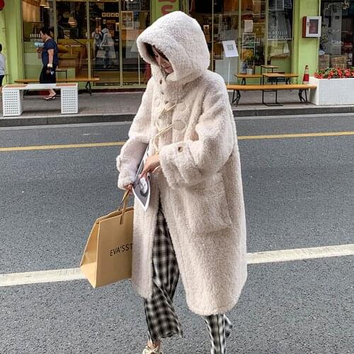 JAZZEVAR 2021 Winter New High Fashion Womens Fur Parka Luxurious Female Horn Button 100% Wool Oversized Warm Long Hooded Coat
