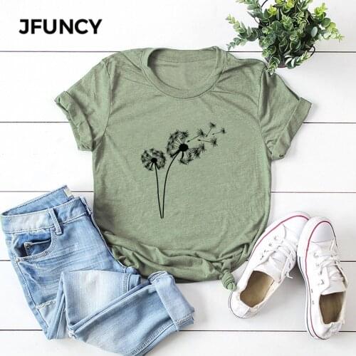 JFUNCY Plus Size Women T Shirt Dandelion Print Summer Tees Woman Tops Short Sleeve Casual T-shirts 100% Cotton Female Tshirt