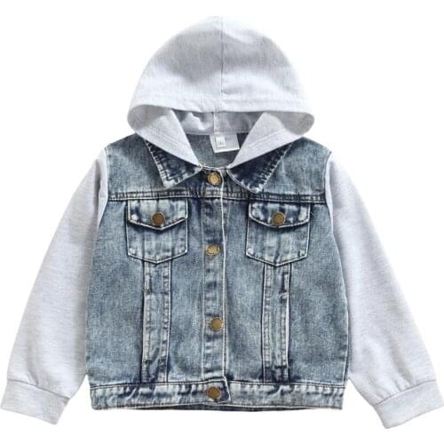 2-7Y Infant Kids Baby Girls Boys Denim Patchwork Coat Long Sleeve Hooded Jacket Jeans Tops Spring Autumn Outfits