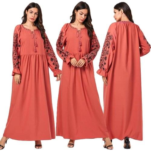 Muslim Women Embrodiery Abaya Maxi Dress Robe Casual Dubai Kaftan Islamic Ethnic Arab Drawstring Gown Autumn Casual Dress New