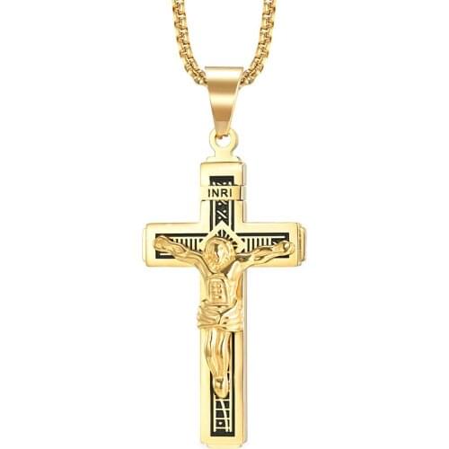 INRI Jesus Mens Necklace Cross Pendant Stainless Steel Chain 24Inch Necklaces for Men Male Religious Jewelry