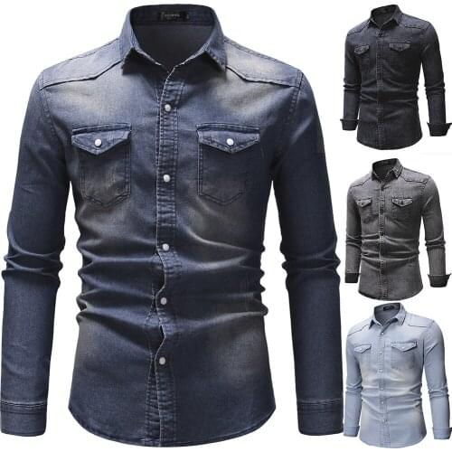 Mens Denim Shirt Long Sleeve Turn Down Collar Solid Color Cardigan Shirt with Pockets Casual Single-Breasted Slim Type Tops
