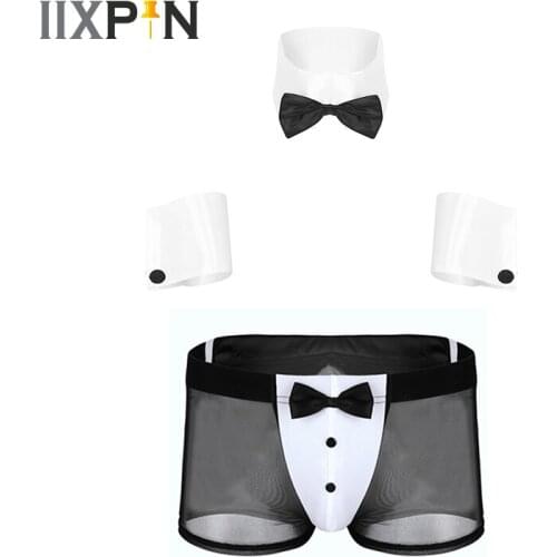 Mens Sissy Lingerie Set Sexy Waiter Cosplay Men Underwear Set Bowknot Collar Cuffs Sheer Mesh Briefs Back Rabbit Ear Underwear