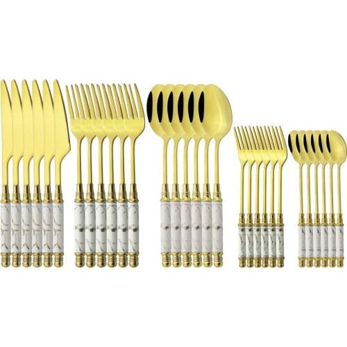 5/30Pcs Vintage Ceramic Cutlery Set Stainless Steel Dinnerware Knife Fork Spoon Tableware Kitchen Silverware Set Drop Shipping